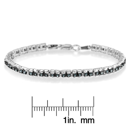 Black Rhodium over .925 Sterling Silver 1.0 Cttw Rose Cut Diamond Double-Link 7" Tennis Bracelet (Blue Color, I1-I2 Clarity)