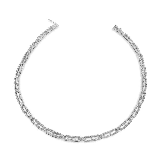 AGS Certified 14K White Gold 8 1/2 Cttw Diamond Alternating Bar and Floral Cluster Link 18" Choker Necklace (G-H Color, SI2-I1 Clarity)