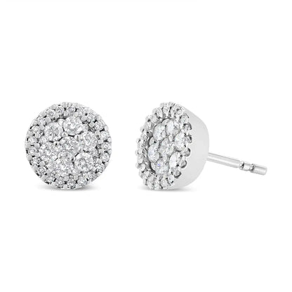 AGS Certified 14K White Gold 1.0 Cttw Brilliant-Cut Diamond Halo-Style Cluster Round Button Stud Earrings (G-H Color, I1-I2 Clarity)