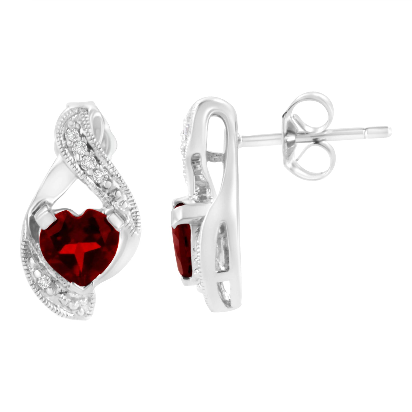 14KT White Gold 6x6mm Created Red Heart Garnet and Diamond Accent Earrings (I-J, I1-I2)