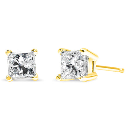 AGS Certified 14k Gold 4-Prong Set Princess-Cut Solitaire Diamond Push Back Stud Earrings (I-J Color, SI2-I1 Clarity)