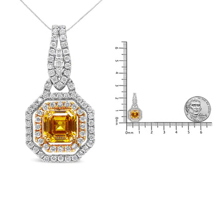 18K White and Yellow Gold 2 3/5 Cttw Lab Grown Yellow Asscher Diamond Double Framed Halo 18" Pendant Necklace (Yellow/G-H Color, VS1-VS2 Clarity)