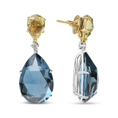 18K White and Yellow Gold 1/5 Cttw Diamond with Pear Cut Lemon Quartz and Pear Cut London Blue Topaz Gemstone Dangle Earring (G-H Color, SI1-SI2 Clarity)