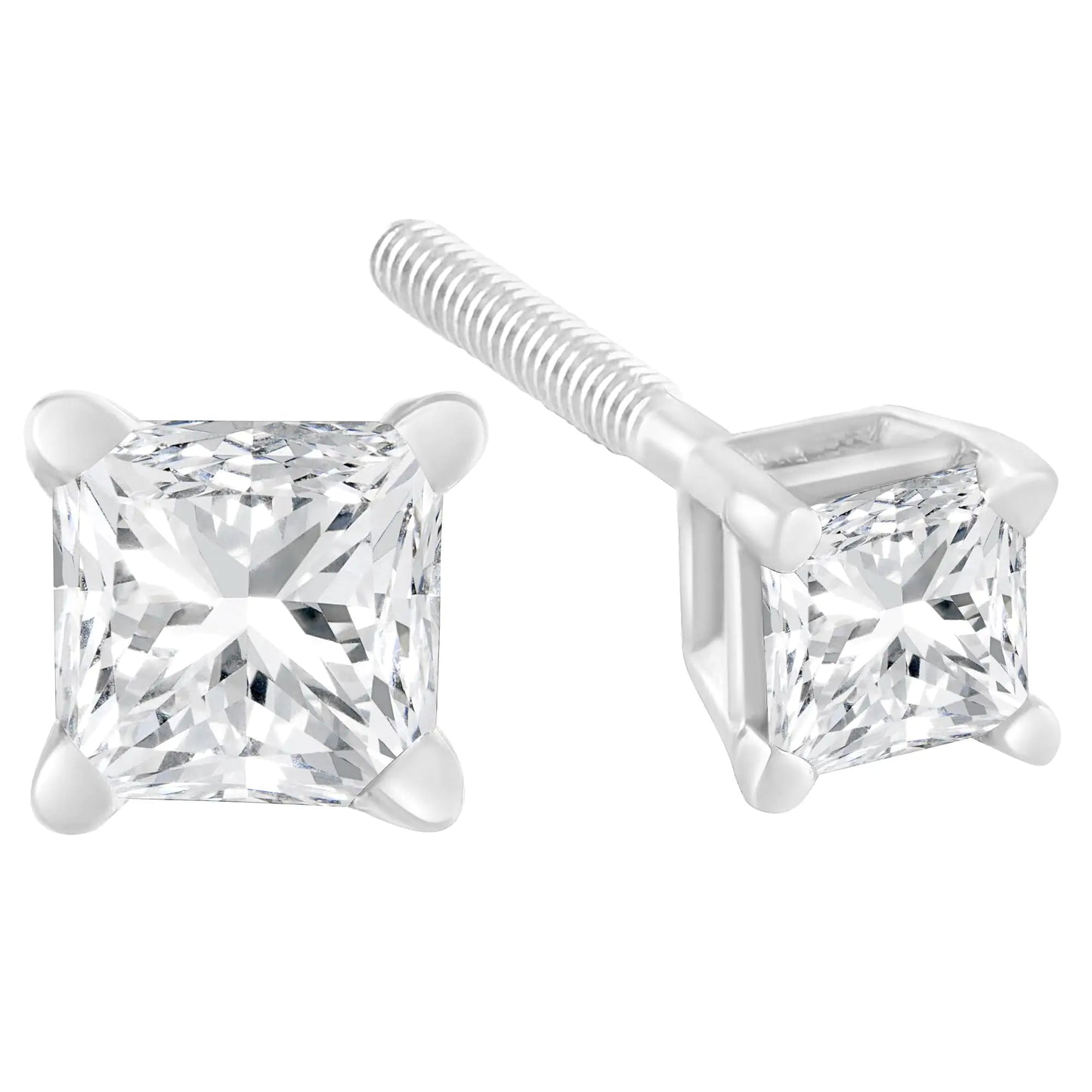 AGS Certified 18K White Gold 1.0 Cttw 4-Prong Set Princess-Cut Solitaire Diamond Screw Back Stud Earrings (E-F Color, SI2-I1 Clarity)