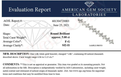 AGS Certified 14K White Gold 5.0 Cttw 2-Prong Set Round-Brilliant Diamond Tennis Bracelet (F-G Color, SI2-I1 Clarity) - Size 7