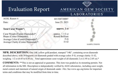 AGS Certified 14K Yellow Gold 2.0 Cttw Baguette and Brilliant Round-Cut Diamond Journey 18" Pendant Necklace (F-G Color, I1-I2 Clarity)