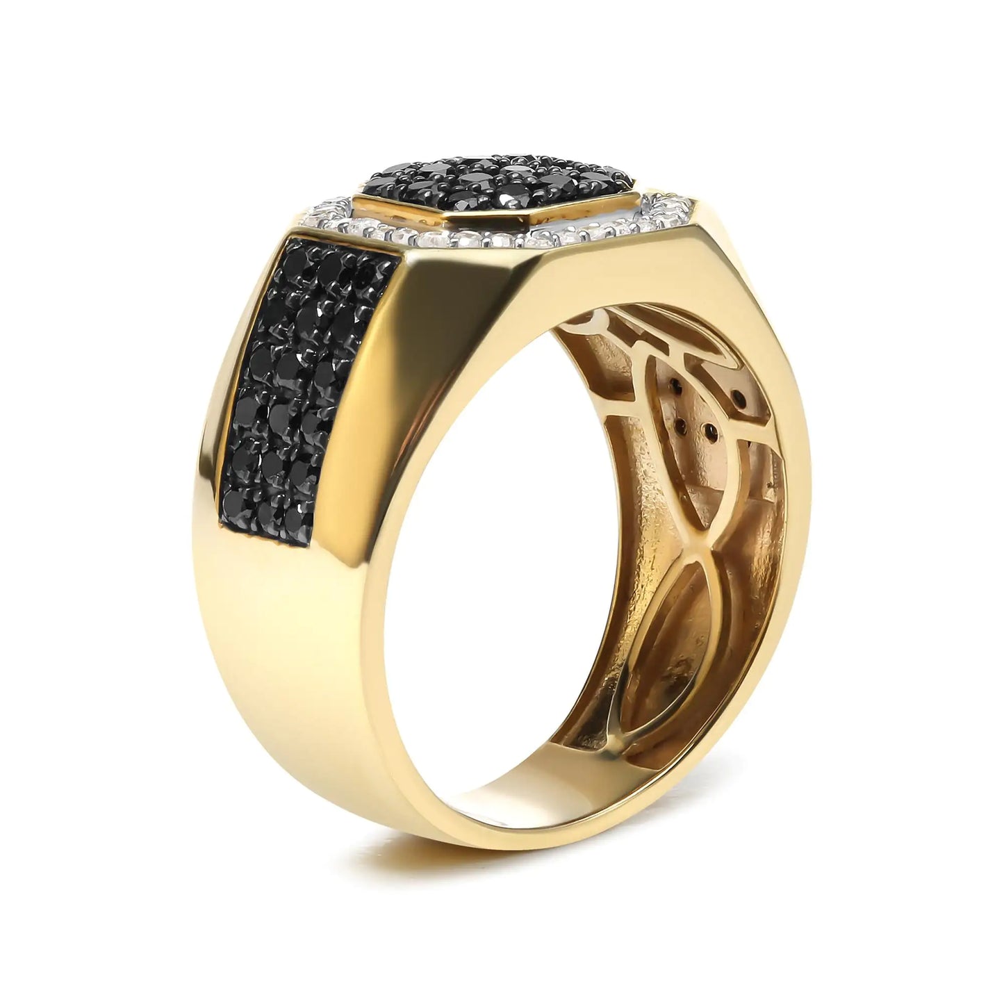 Men's 14K Yellow Gold Plated .925 Sterling Silver 1 1/4 Cttw White and Black Diamond Signet Style Band Ring (Black / I-J Color, I2-I3 Clarity)