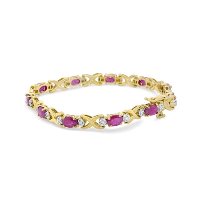 14K Yellow Gold 1/4 Cttw Diamond and Oval Red Ruby Alternating X Link Bracelet (I-J Color, I3 Clarity)