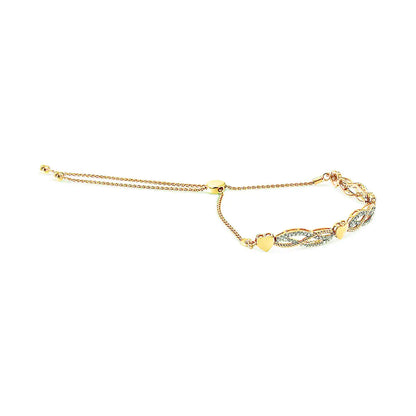 14K Yellow Gold Plated .925 Sterling Silver 1/10 Cttw Diamond Wave and Hearts Bolo Bracelet (I-J Color, I2-I3 Clarity) - 4"-10" Adjustable