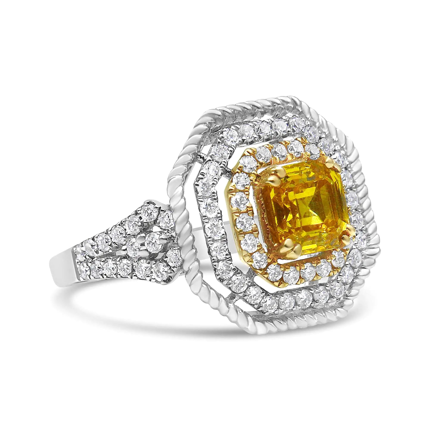 18K White and Yellow Gold 2 1/5 Cttw Lab Grown Yellow Asscher Diamond Double Halo Art Deco Cocktail Ring (Yellow/G-H Color, VS1-VS2 Clarity)