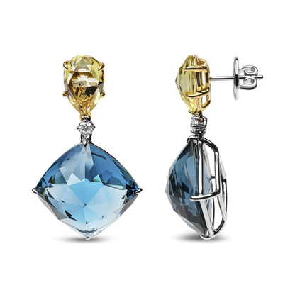 18K White and Yellow Gold 1/5 Cttw Diamond with Pear Cut Lemon Quartz, and Cushion Cut London Blue Topaz Gemstone Dangle Earring (G-H Color, SI1-SI2 Clarity)