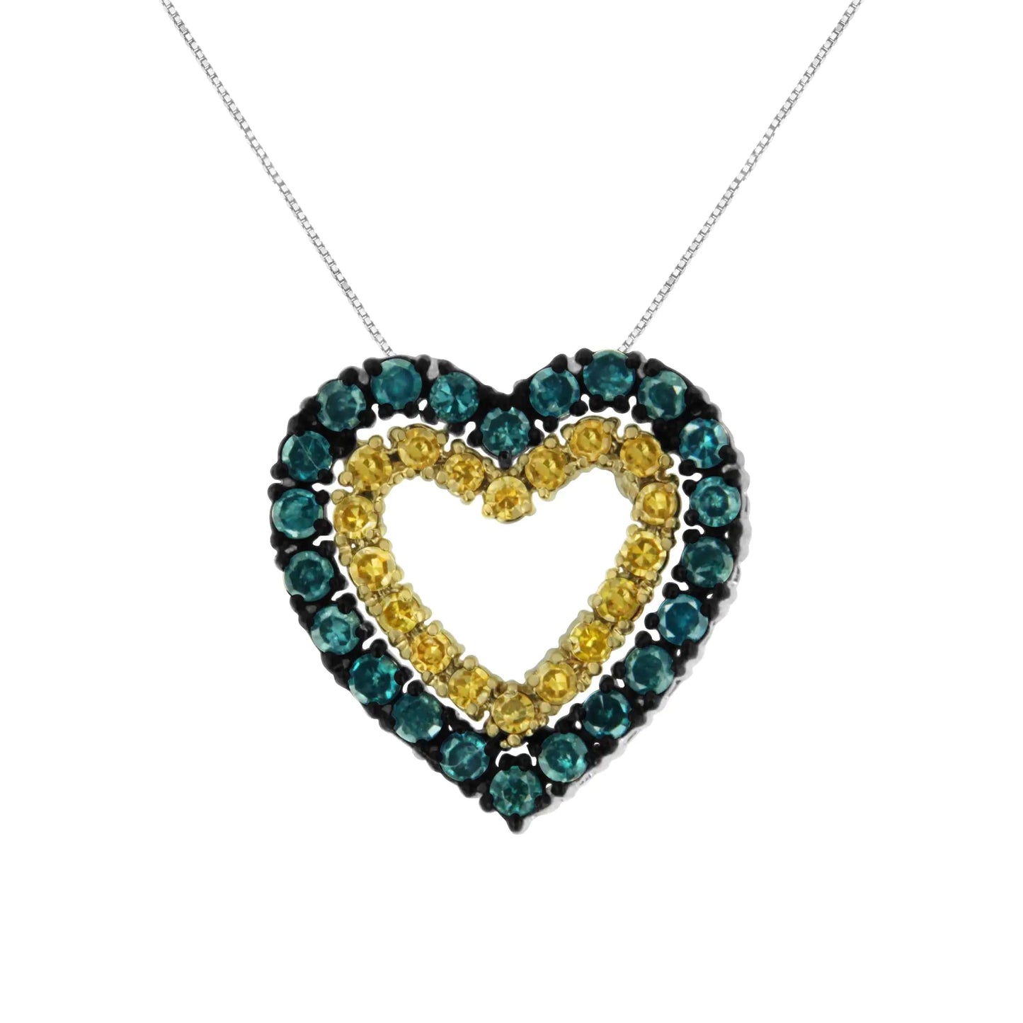 14K Yellow Gold Plated .925 Sterling Silver 1/2 cttw Color Treated Diamond Heart Pendant Necklace (Blue, Yellow, I2-I3 Clarity) - Size 18"