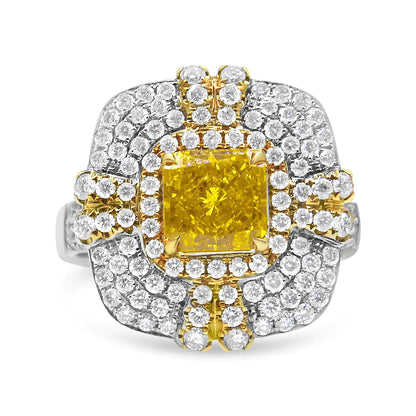 18K White and Yellow Gold 2.15 Cttw Yellow Radiant Lab Grown Center Diamond Halo Framed Cocktail Ring (Yellow/G-H Color, VS1-VS2 Clarity)