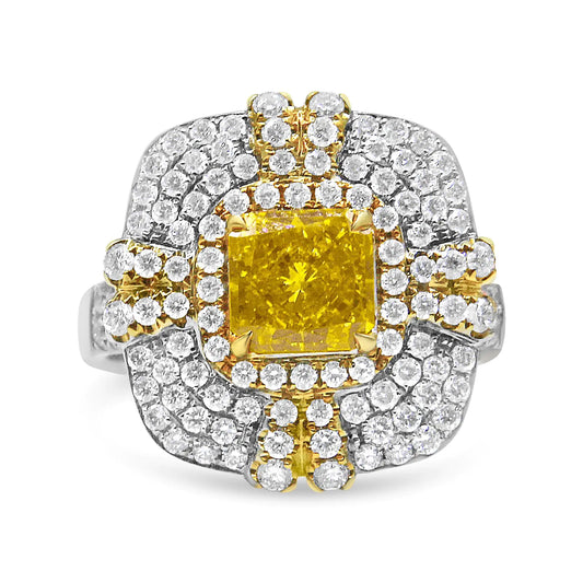 18K White and Yellow Gold 2.15 Cttw Yellow Radiant Lab Grown Center Diamond Halo Framed Cocktail Ring (Yellow/G-H Color, VS1-VS2 Clarity)