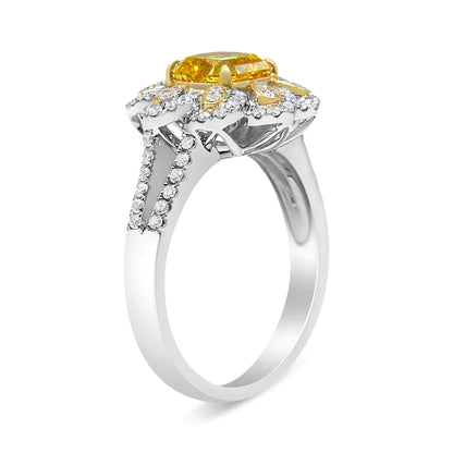 18K White and Yellow Gold 2.17 Cttw Yellow Radiant Lab Grown Center Diamond Flower Ring (Yellow/G-H Color, VS1-VS2 Clarity)