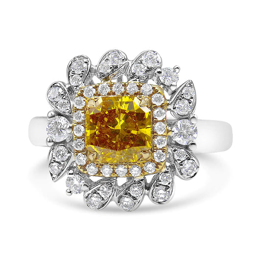 18K White and Yellow Gold 1.76 Cttw Yellow Radiant Lab Grown Center Diamond Double Halo Cocktail Ring (Yellow/G-H Color, VS1-VS2 Clarity)