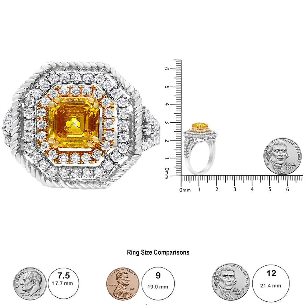 18K White and Yellow Gold 2 1/5 Cttw Lab Grown Yellow Asscher Diamond Double Halo Art Deco Cocktail Ring (Yellow/G-H Color, VS1-VS2 Clarity)