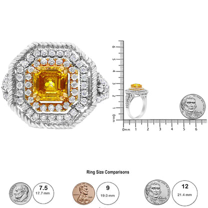 18K White and Yellow Gold 2 1/5 Cttw Lab Grown Yellow Asscher Diamond Double Halo Art Deco Cocktail Ring (Yellow/G-H Color, VS1-VS2 Clarity)