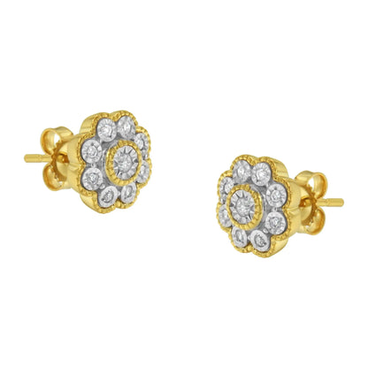 14K Yellow Gold Plated .925 Sterling Silver 1/6 Cttw Miracle-Plate Set Diamond Floral Stud Earrings (I-J Color, I2-I3 Clarity)