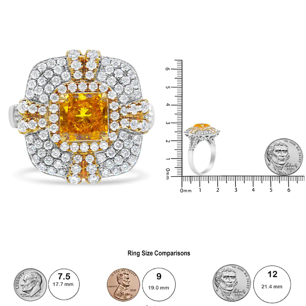 18K White and Yellow Gold 2.15 Cttw Yellow Radiant Lab Grown Center Diamond Halo Framed Cocktail Ring (Yellow/G-H Color, VS1-VS2 Clarity)