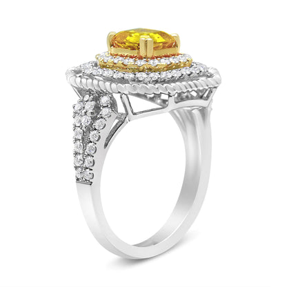 18K White and Yellow Gold 2 1/5 Cttw Lab Grown Yellow Asscher Diamond Double Halo Art Deco Cocktail Ring (Yellow/G-H Color, VS1-VS2 Clarity)