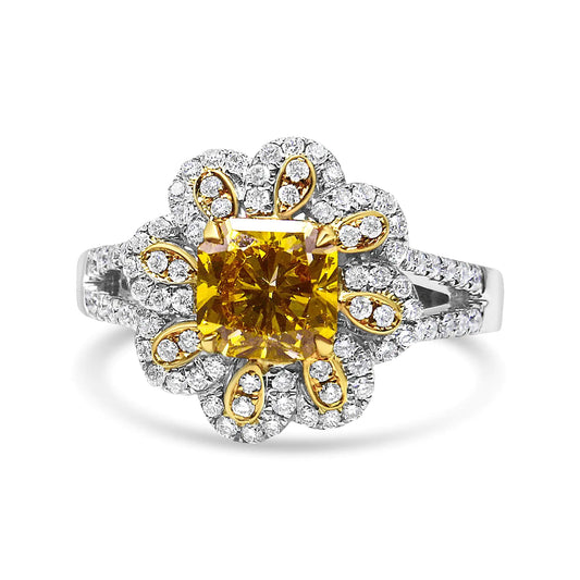 18K White and Yellow Gold 2.17 Cttw Yellow Radiant Lab Grown Center Diamond Flower Ring (Yellow/G-H Color, VS1-VS2 Clarity)