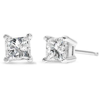 AGS Certified 1/4 Cttw Princess-Cut Square Diamond 4-Prong Solitaire Stud Earrings in 14K White Gold (G-H Color, I1-I2 Clarity)