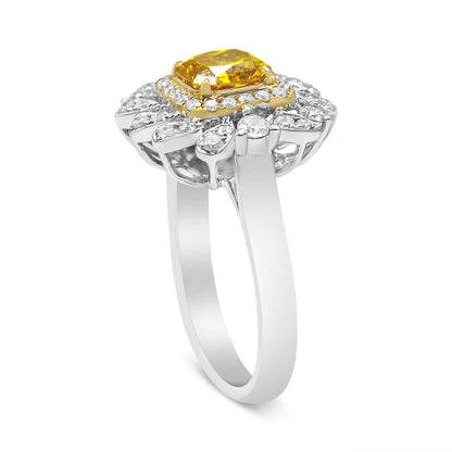 18K White and Yellow Gold 1.76 Cttw Yellow Radiant Lab Grown Center Diamond Double Halo Cocktail Ring (Yellow/G-H Color, VS1-VS2 Clarity)