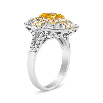 18K White and Yellow Gold 2.15 Cttw Yellow Radiant Lab Grown Center Diamond Halo Framed Cocktail Ring (Yellow/G-H Color, VS1-VS2 Clarity)