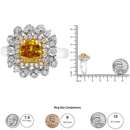 18K White and Yellow Gold 1.76 Cttw Yellow Radiant Lab Grown Center Diamond Double Halo Cocktail Ring (Yellow/G-H Color, VS1-VS2 Clarity)