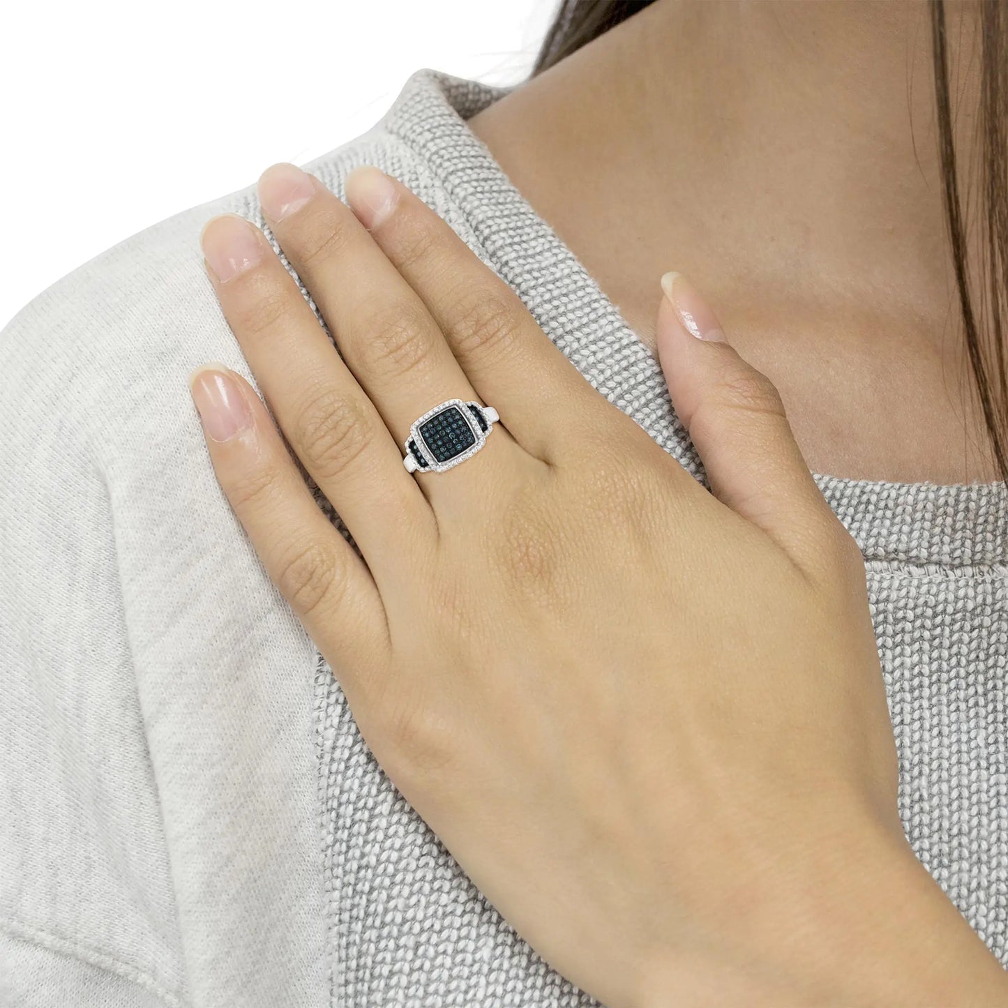 Black Rhodium Plated .925 Sterling Silver 1/2 Cttw White & Blue Diamond Square Halo Cocktail Ring (Fancy Blue & H-I Color, I2-I3 Clarity)