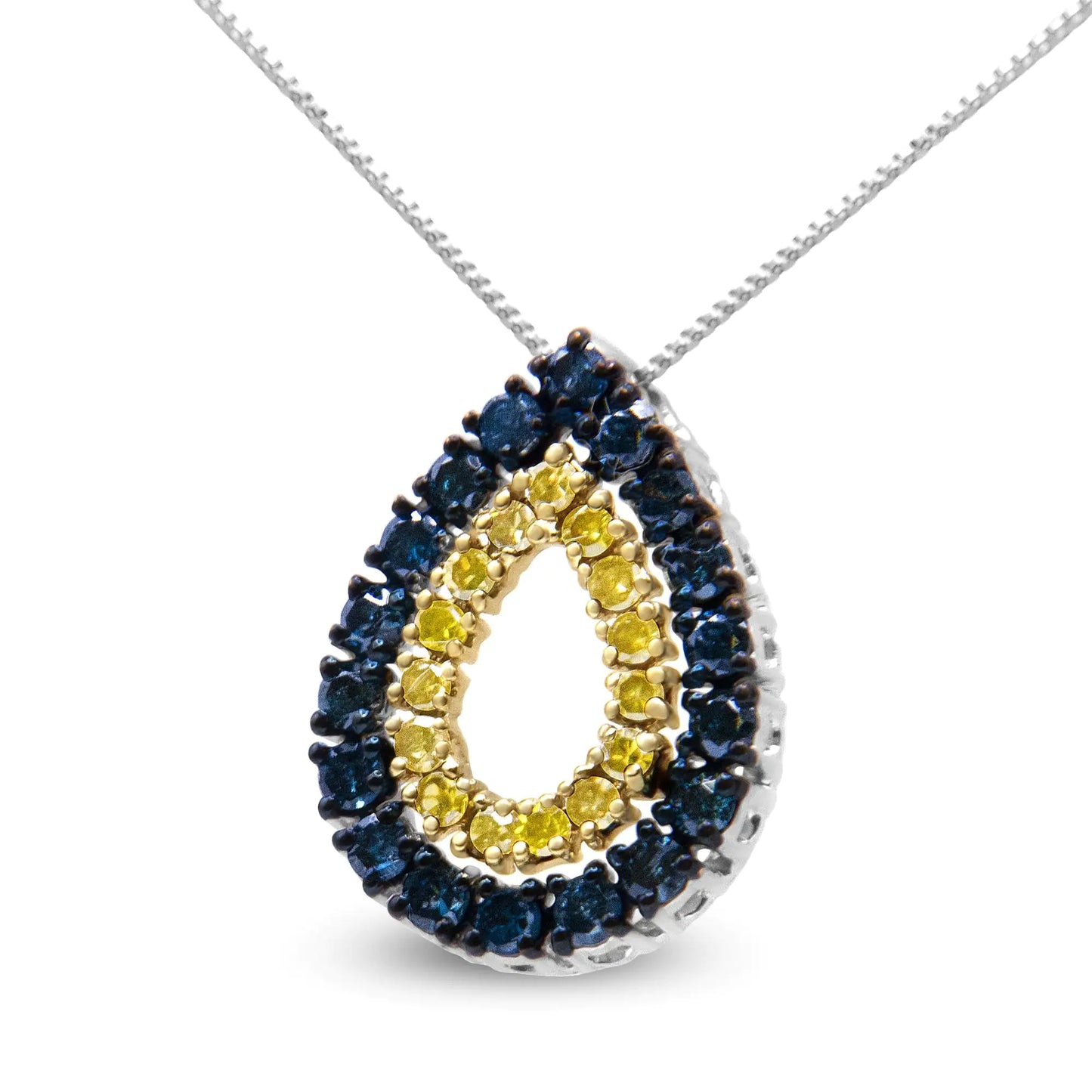 14K Yellow Gold Plated .925 Sterling Silver 1/2 Cttw Treated Blue and Yellow Diamond Double Pear Shaped 18" Pendant Necklace (Blue Color, I2-I3 Clarity)