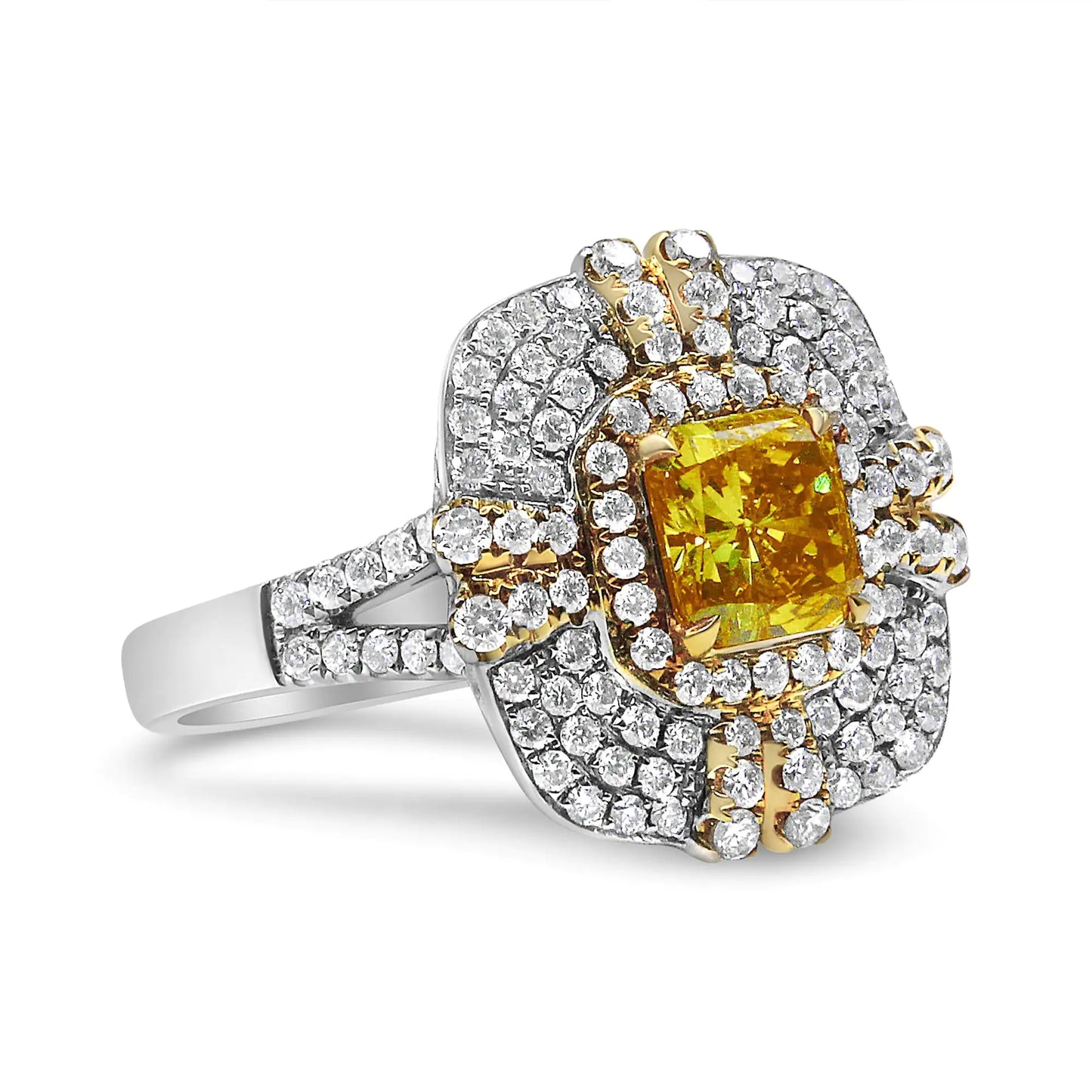 18K White and Yellow Gold 2.15 Cttw Yellow Radiant Lab Grown Center Diamond Halo Framed Cocktail Ring (Yellow/G-H Color, VS1-VS2 Clarity)