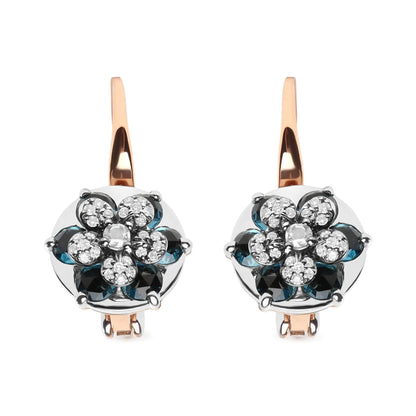 18K Rose and White Gold 1/3 Cttw Round Diamonds and Round London Blue Topaz Gemstone Cluster Floral Drop Hoop Earrings (G-H Color, SI1-SI2 Clarity)