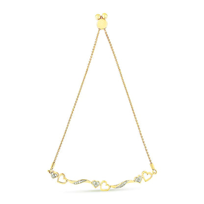 14K Yellow Gold Plated .925 Sterling Silver 1/10 Cttw Diamond Wave and Hearts 4”-10” Adjustable Bolo Bracelet (I-J Color, I3 Clarity)