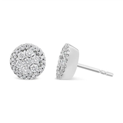 AGS Certified 14K White Gold 1.0 Cttw Brilliant-Cut Diamond Halo-Style Cluster Round Button Stud Earrings (G-H Color, I1-I2 Clarity)