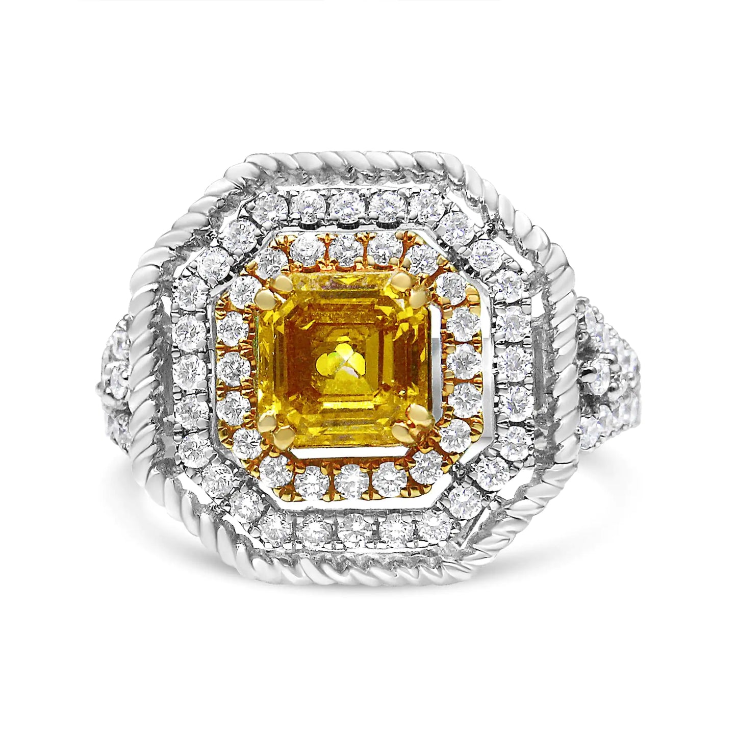 18K White and Yellow Gold 2 1/5 Cttw Lab Grown Yellow Asscher Diamond Double Halo Art Deco Cocktail Ring (Yellow/G-H Color, VS1-VS2 Clarity)