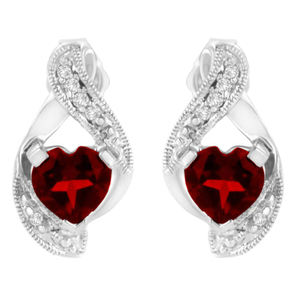 14KT White Gold 6x6mm Created Red Heart Garnet and Diamond Accent Earrings (I-J, I1-I2)