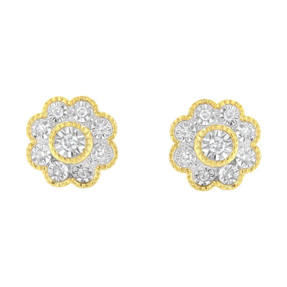 14K Yellow Gold Plated .925 Sterling Silver 1/6 Cttw Miracle-Plate Set Diamond Floral Stud Earrings (I-J Color, I2-I3 Clarity)