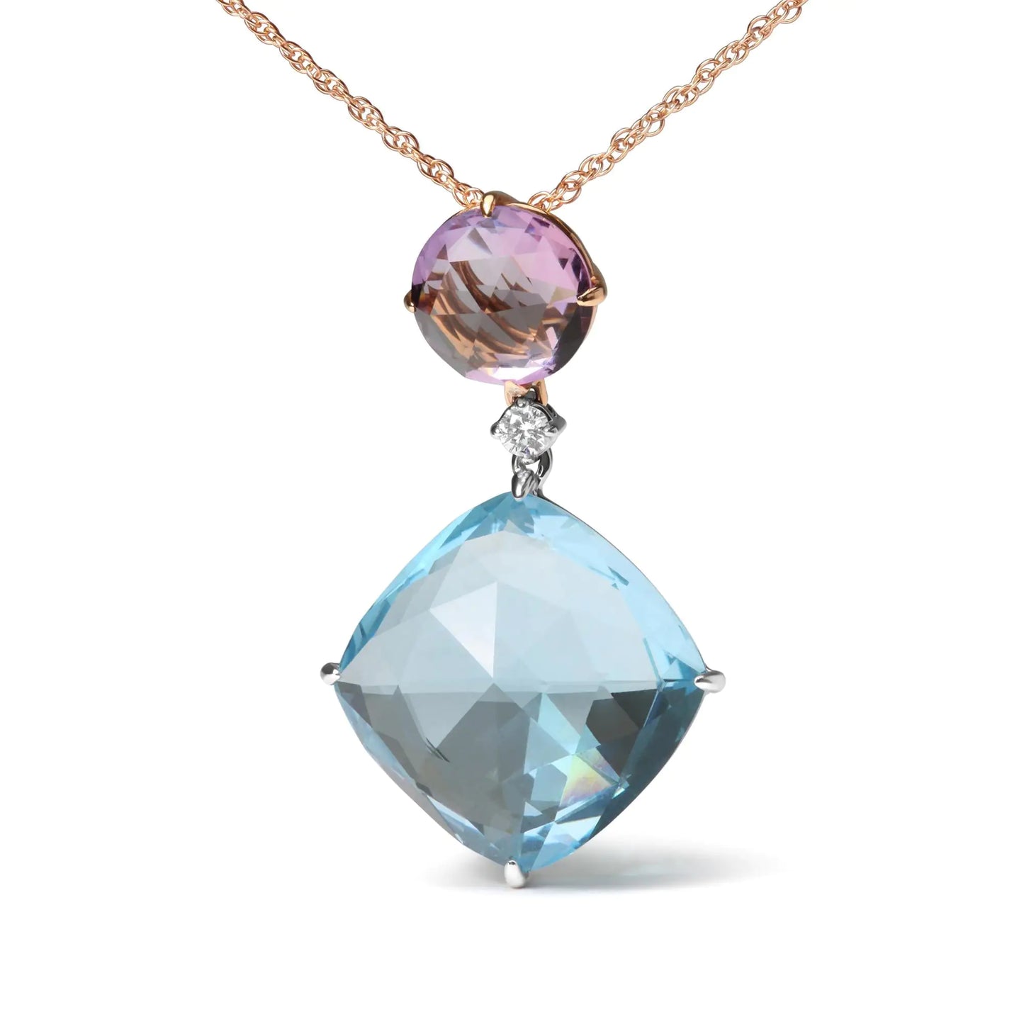 18K White and Rose Gold Round Diamond Accent and Round Rose De France Pink Amethyst and Cushion Cut Sky Blue Topaz Dangle Drop 18" Pendant Necklace (G-H Color, SI1-SI2 Clarity)