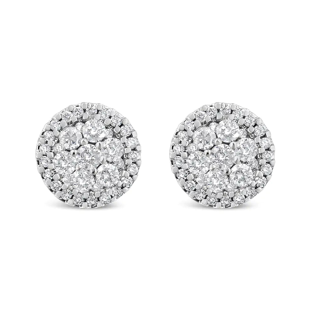 AGS Certified 14K White Gold 1.0 Cttw Brilliant-Cut Diamond Halo-Style Cluster Round Button Stud Earrings (G-H Color, I1-I2 Clarity)