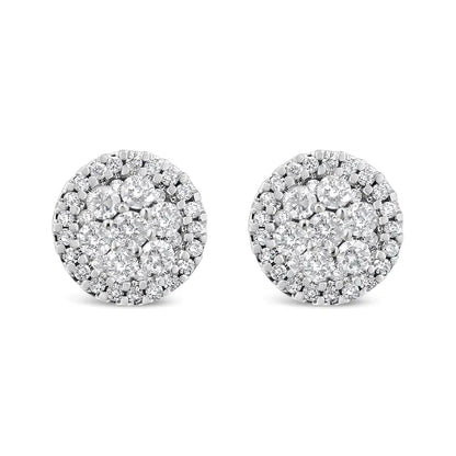 AGS Certified 14K White Gold 1.0 Cttw Brilliant-Cut Diamond Halo-Style Cluster Round Button Stud Earrings (G-H Color, I1-I2 Clarity)