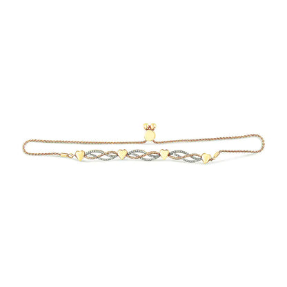 14K Yellow Gold Plated .925 Sterling Silver 1/10 Cttw Diamond Wave and Hearts Bolo Bracelet (I-J Color, I2-I3 Clarity) - 4"-10" Adjustable