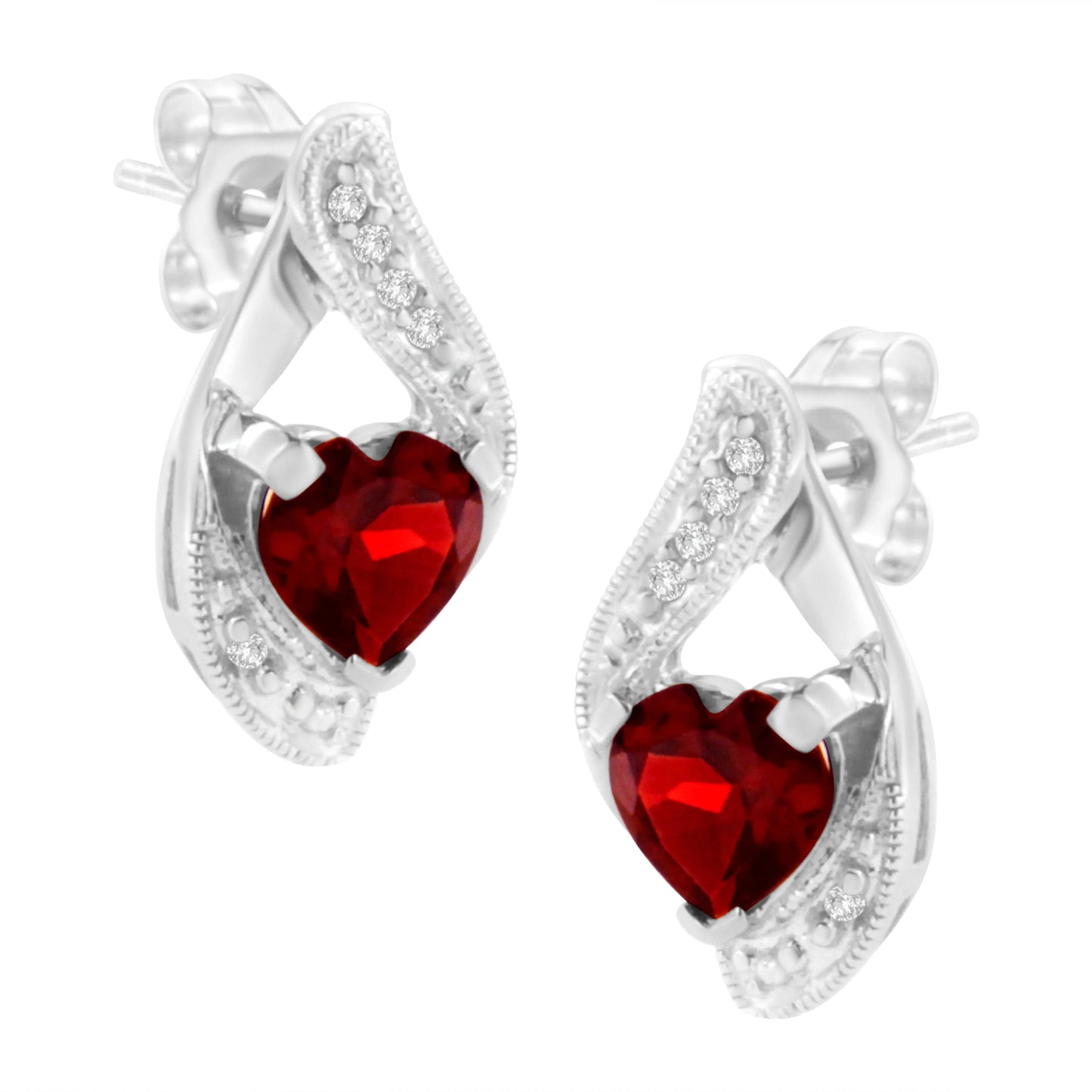 14KT White Gold 6x6mm Created Red Heart Garnet and Diamond Accent Earrings (I-J, I1-I2)