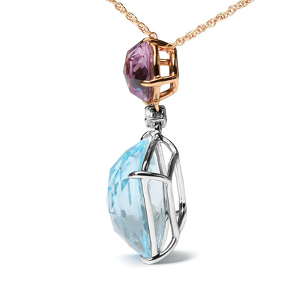 18K White and Rose Gold Round Diamond Accent and Round Rose De France Pink Amethyst and Cushion Cut Sky Blue Topaz Dangle Drop 18" Pendant Necklace (G-H Color, SI1-SI2 Clarity)