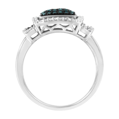 Black Rhodium Plated .925 Sterling Silver 1/2 Cttw White & Blue Diamond Square Halo Cocktail Ring (Fancy Blue & H-I Color, I2-I3 Clarity)