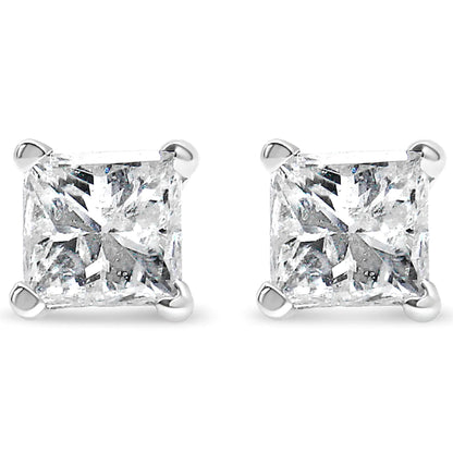 AGS Certified 14k Gold 4-Prong Set Princess-Cut Solitaire Diamond Push Back Stud Earrings (I-J Color, SI2-I1 Clarity)