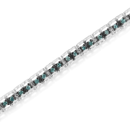 Black Rhodium over .925 Sterling Silver 1.0 Cttw Rose Cut Diamond Double-Link 7" Tennis Bracelet (Blue Color, I1-I2 Clarity)