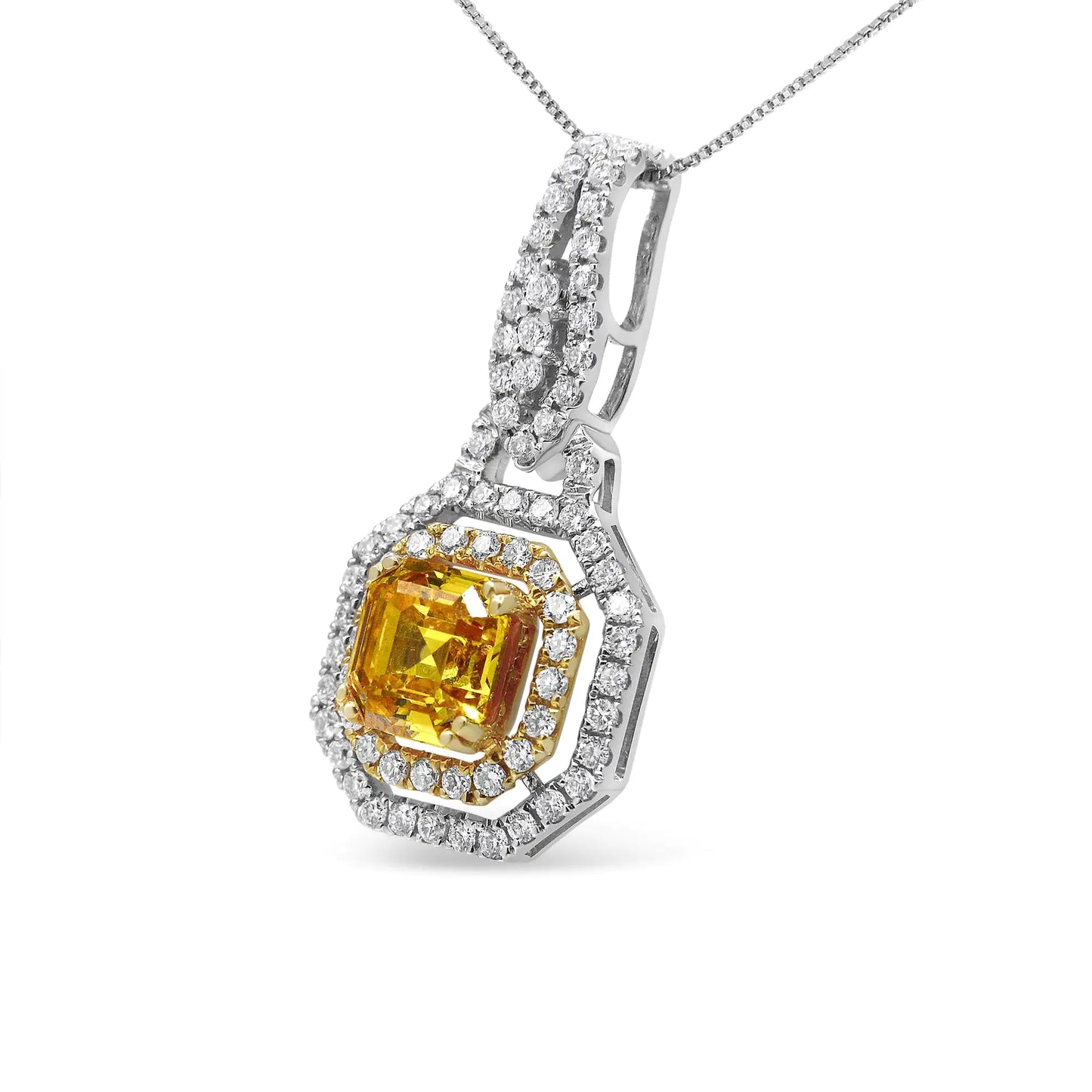 18K White and Yellow Gold 2 3/5 Cttw Lab Grown Yellow Asscher Diamond Double Framed Halo 18" Pendant Necklace (Yellow/G-H Color, VS1-VS2 Clarity)