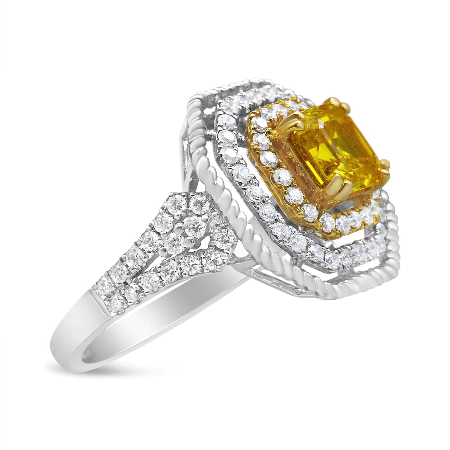 18K White and Yellow Gold 2 1/5 Cttw Lab Grown Yellow Asscher Diamond Double Halo Art Deco Cocktail Ring (Yellow/G-H Color, VS1-VS2 Clarity)